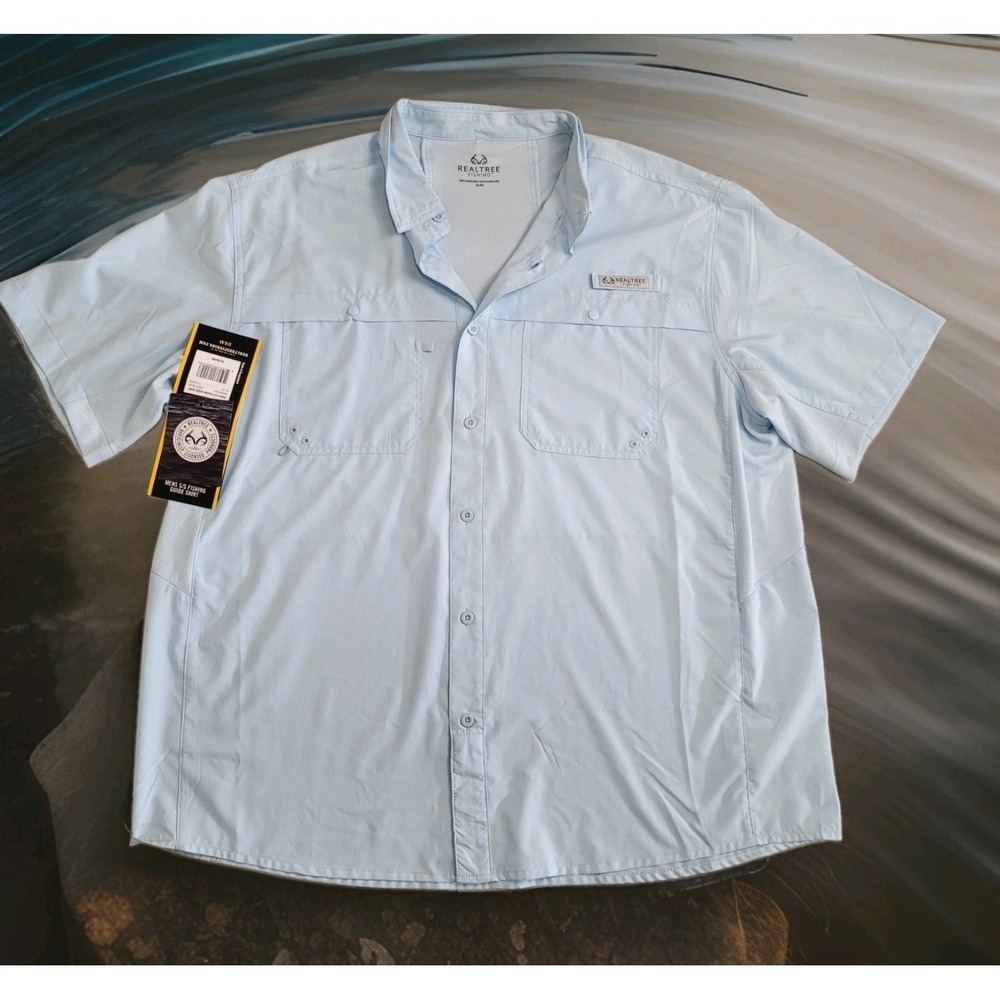 🎣NWT Realtree Shirt Mens XL Blue Fishing Guide Shirt Short Sleeve UV 40+ Pro